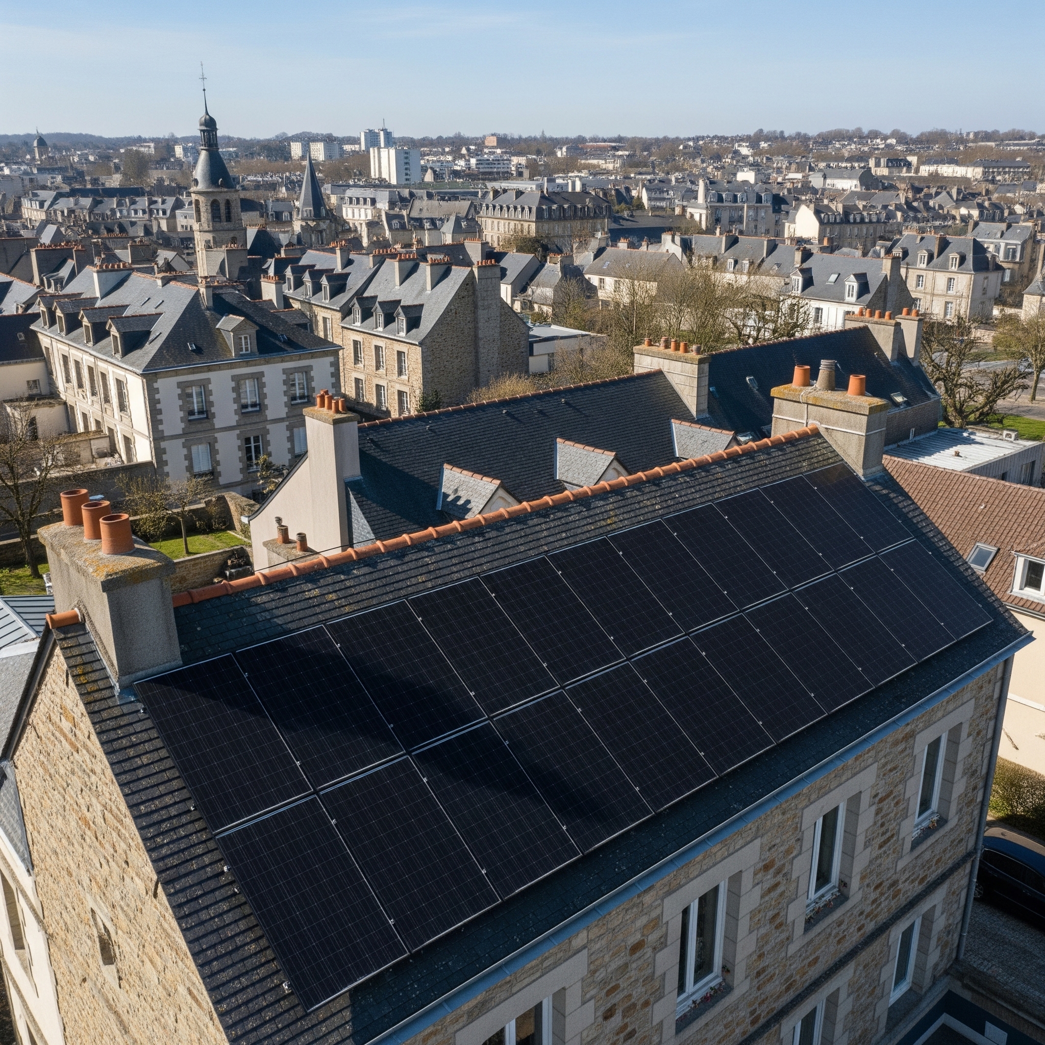 Panneau-solaire-rennes Une maison en bretagne avec des panneaux solaires neufs sur le toit