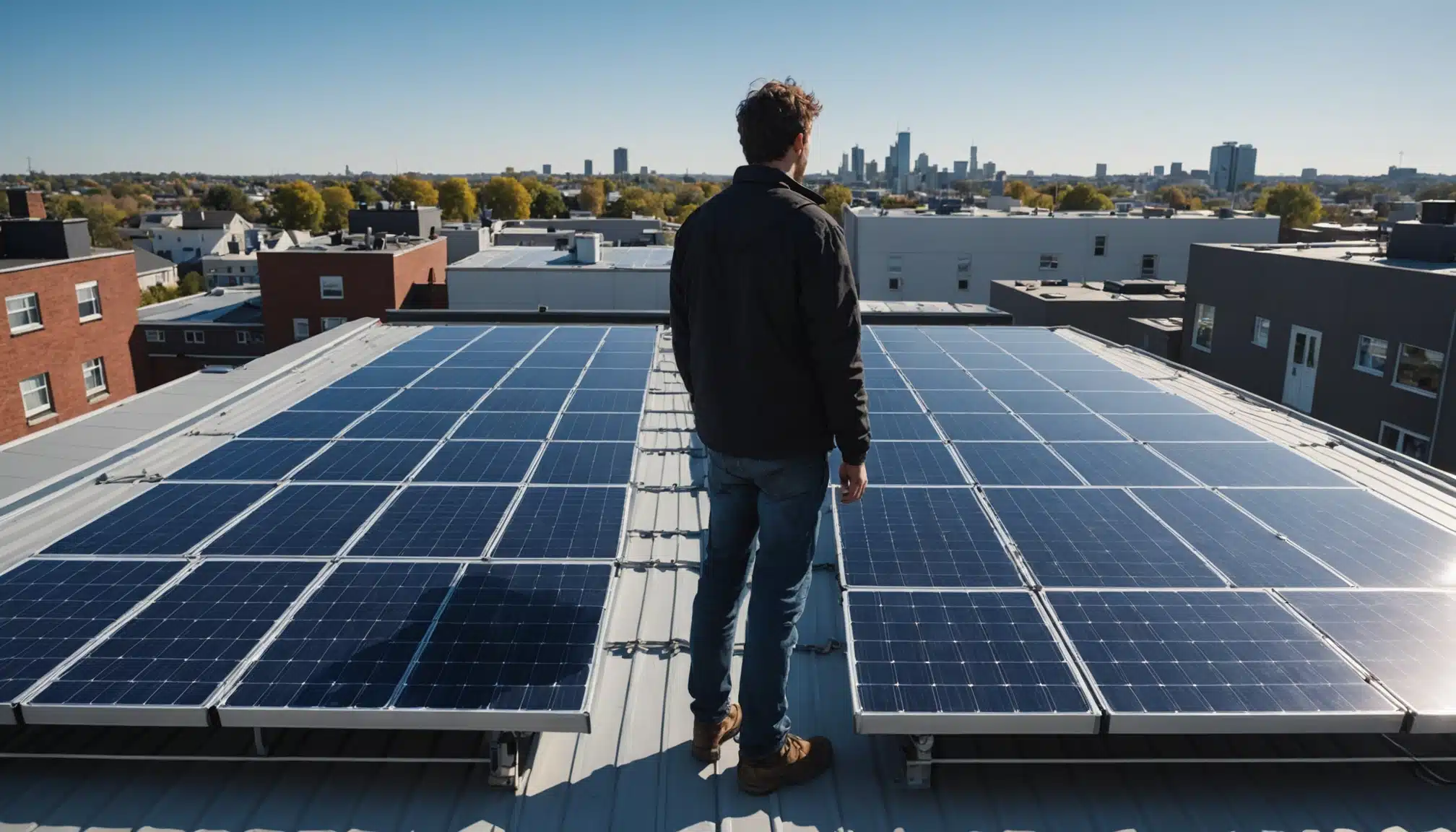 panneau-solaires Un homme marche sur de grand panneaux solaires