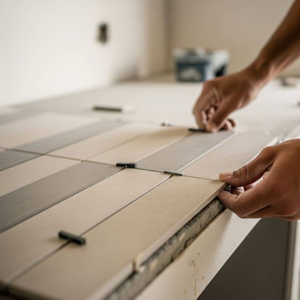 INstallation de carrelage beige rectangulaire dans une cuisine en bretagne
