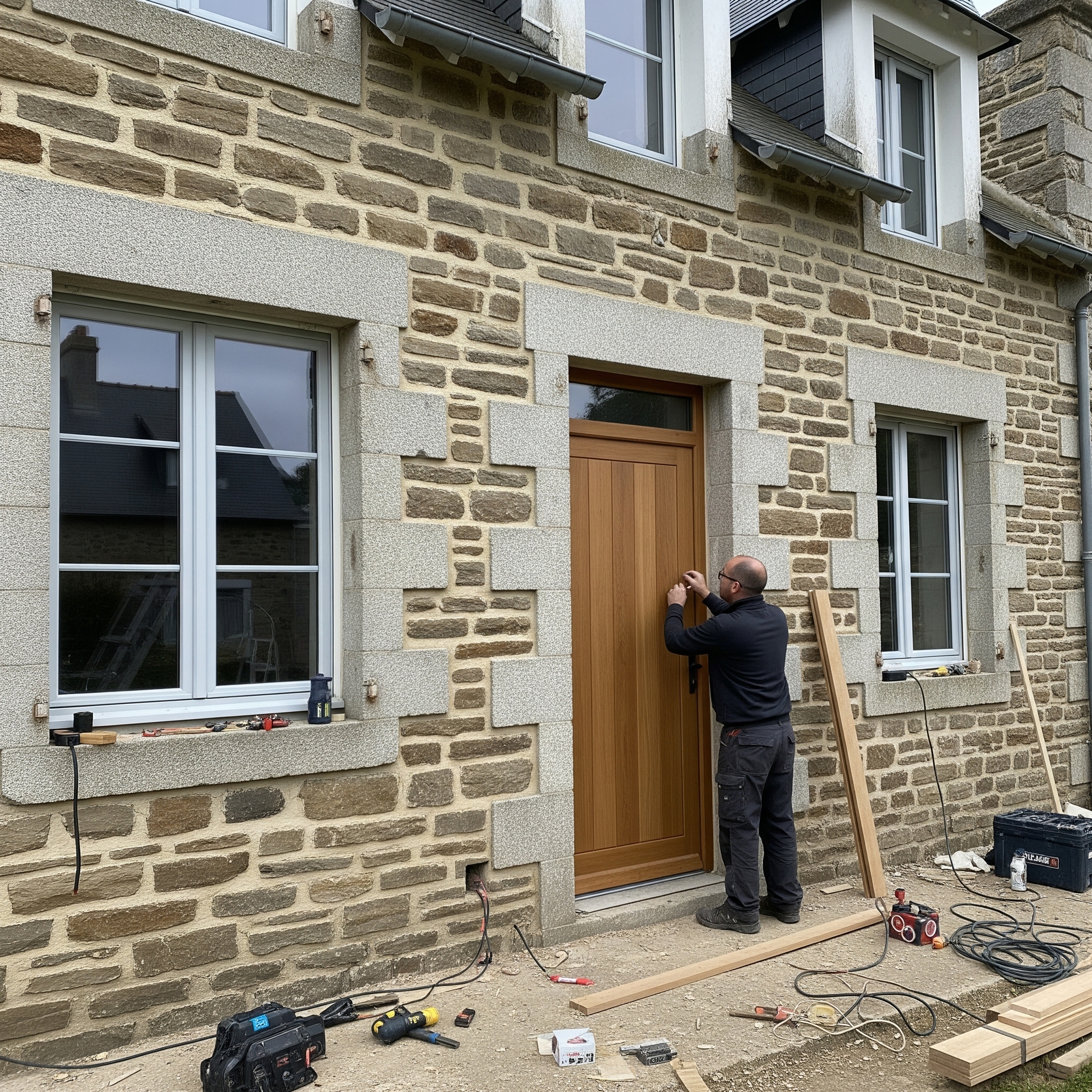 Un homme installe une porte sur mesure sur une maison en granit en bretagne