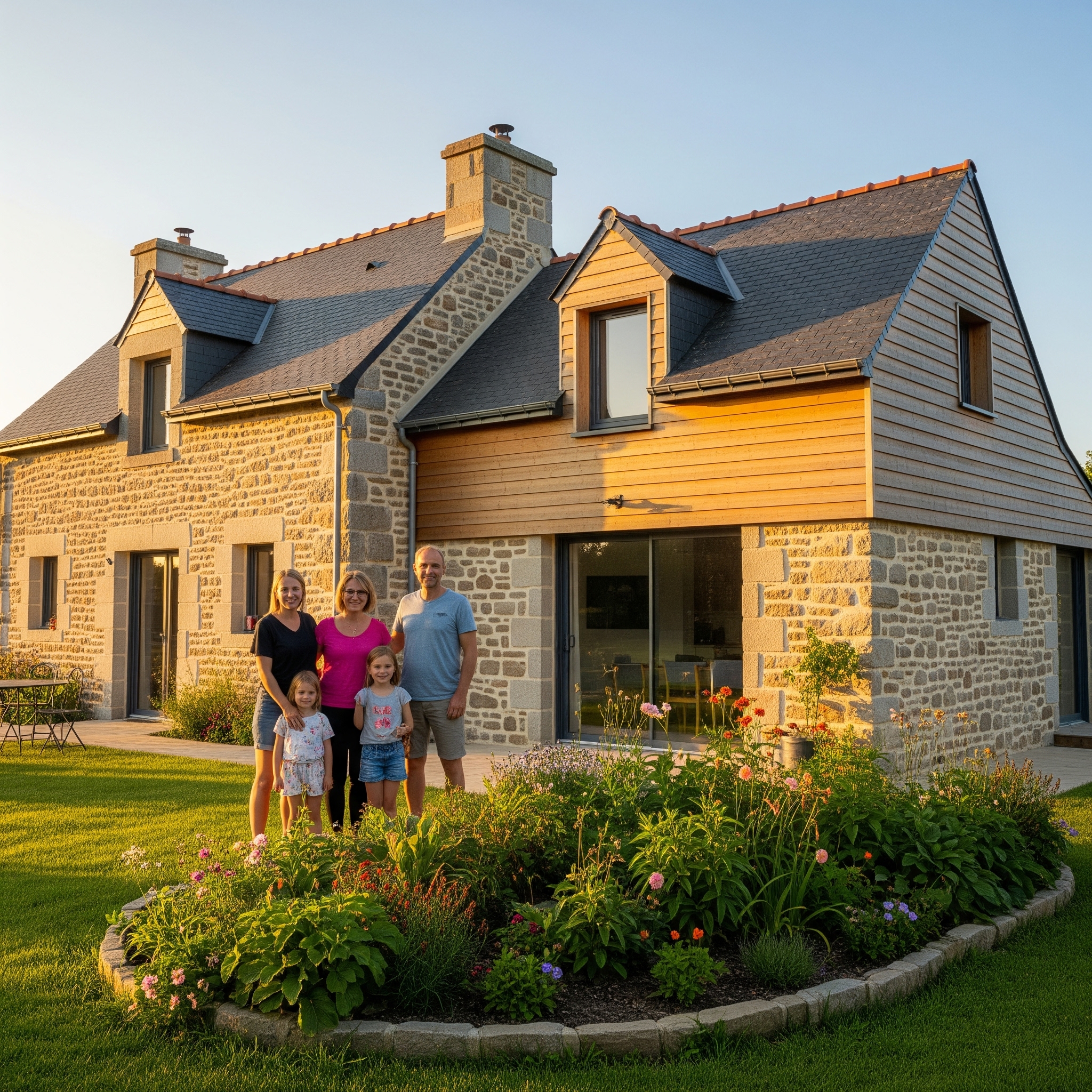 construction_maison_neuves Une famille Bretonne pose devant sa nouvelle maison neuve en granit en Bretagne, dans la région de Rennes