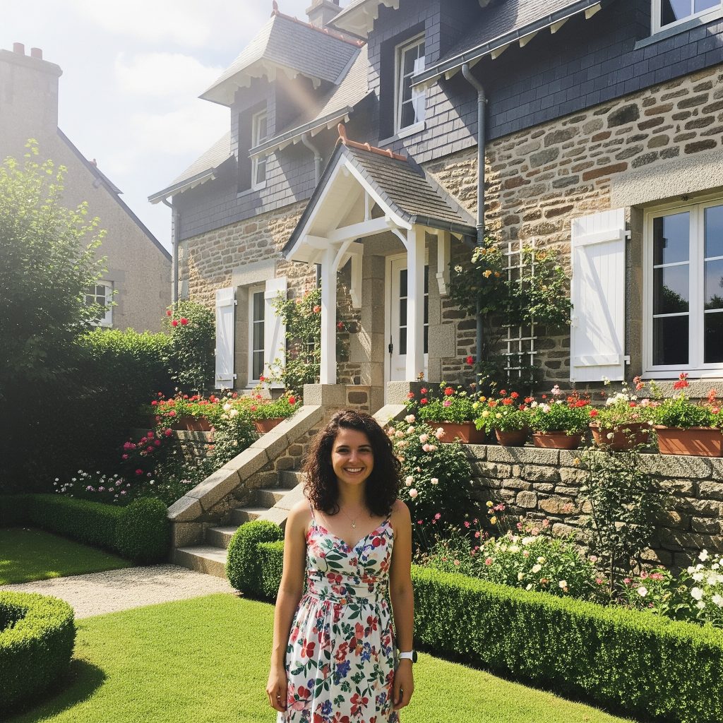 UNe jeune femme pose devant sa maison dans le morbihan