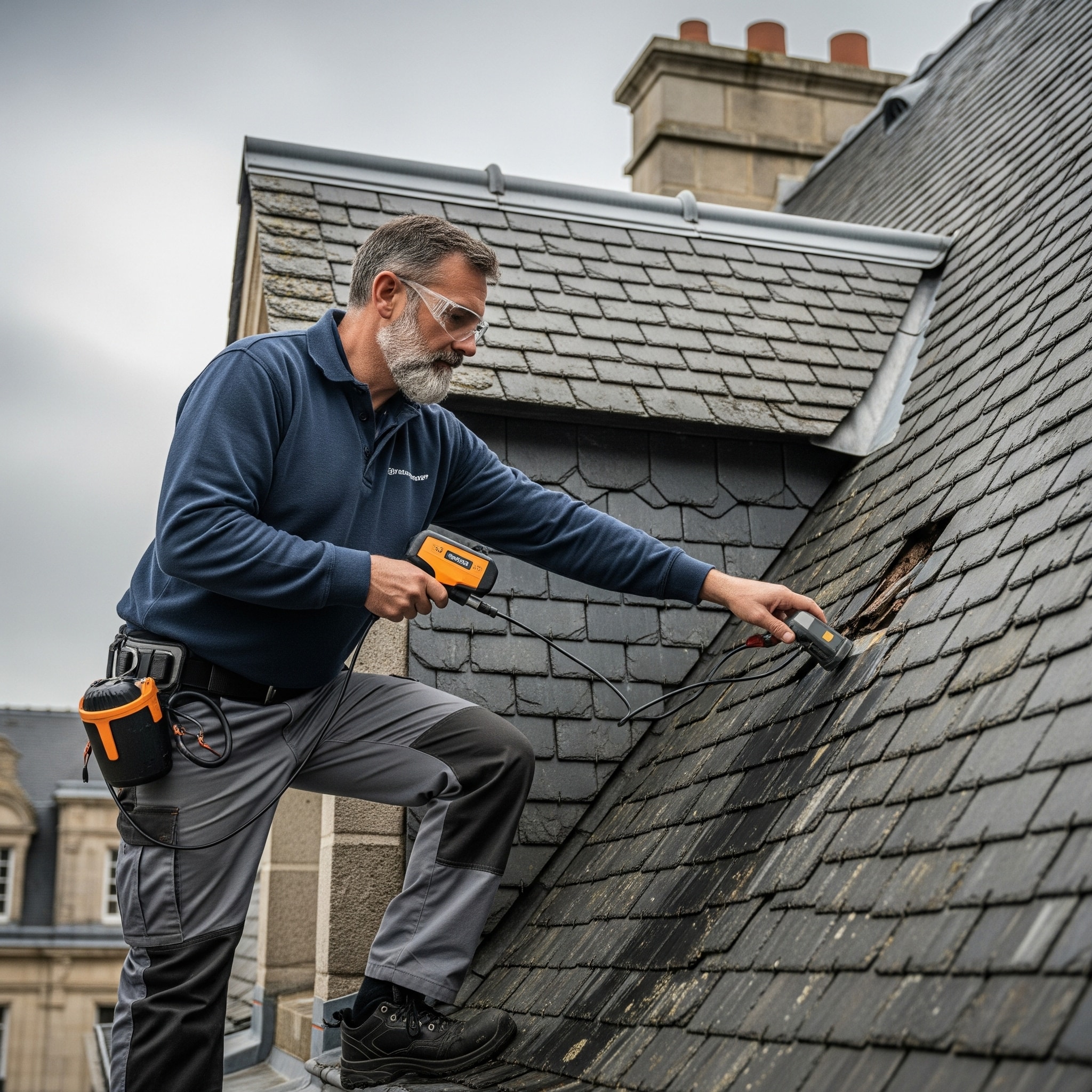 Un homme repare une toiture avec des outils sur le toit