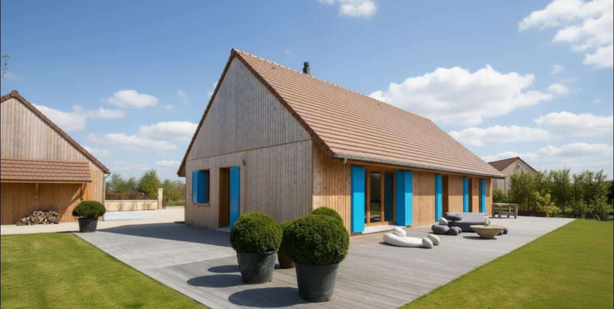 Maison phoenix volets bleus facade bois, vue 3d, france
